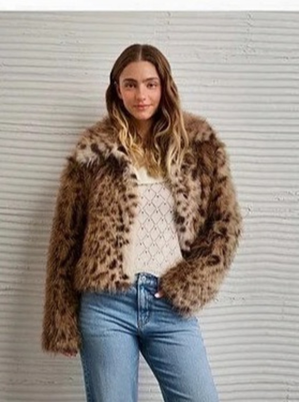 American Eagle Faux Fur Coat Animal Print Jacket Size Large